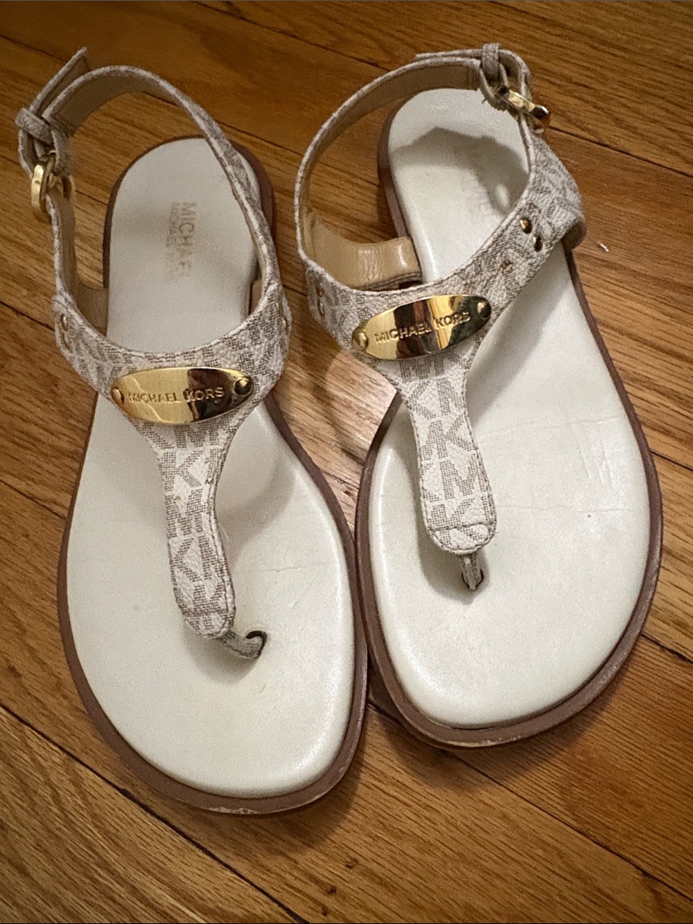 Michael Kors Beige Logo Thong Sandals with Gold Plaque